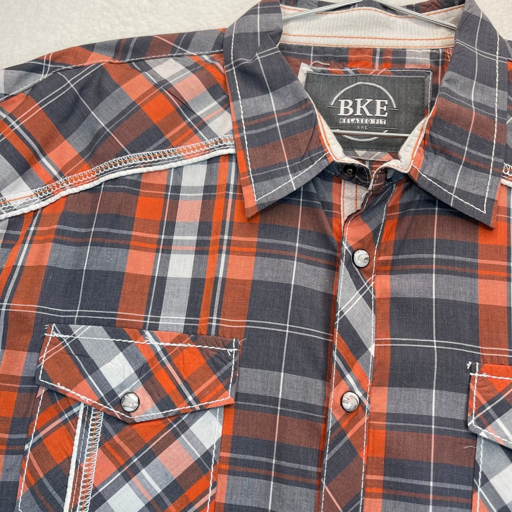 BKE Button Down Mens XXL Orange Grey Plaid Western Pearl‎ Snap Relaxed Fit Shirt